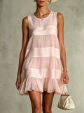 Estrella Vestido Mini de Chiffon Rosa Claro Plisado con Diseño de Capas y Patchwork