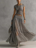 Adriana Conjunto de Top Gris de Encaje Transparente y Falda Maxi Plisada