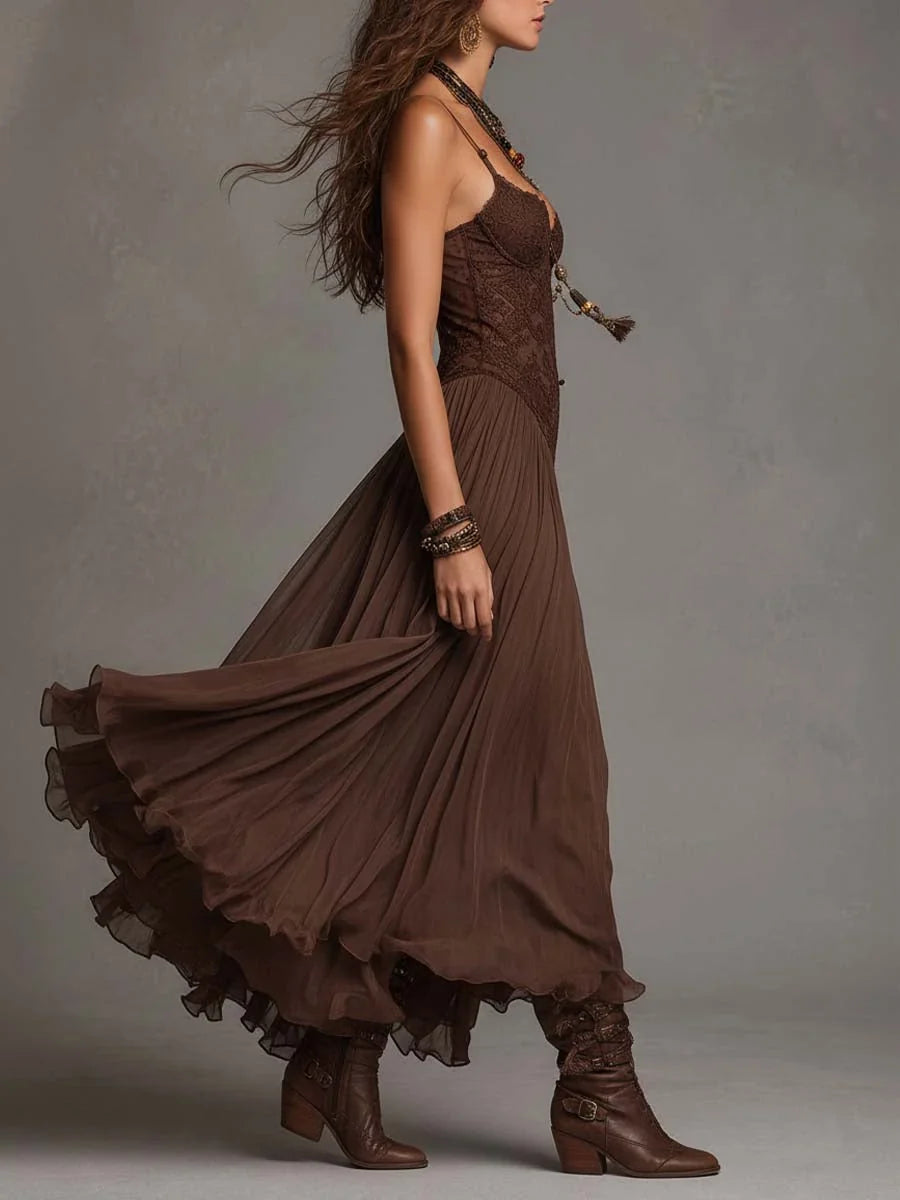 Noelia Vestido Maxi Bohemio de Encaje y Chifón