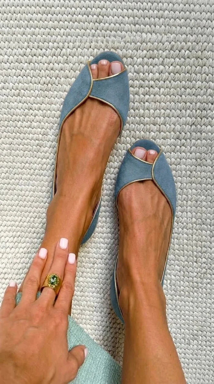 Clara Bailarinas de Ante con Punta Abierta en Beige y Dorado