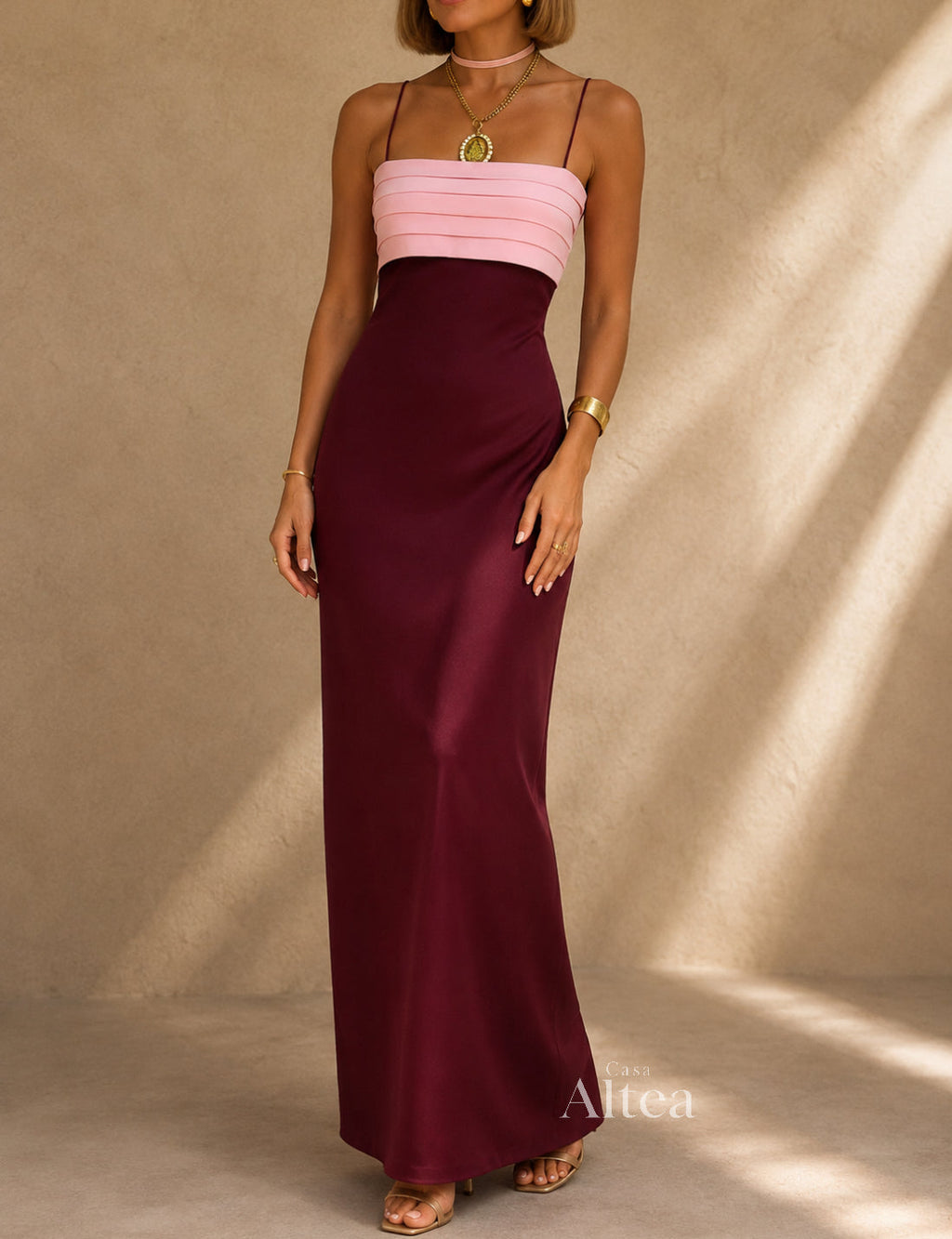 Martina Vestido Maxi Bicolor Palabra de Honor con Detalle Plisado