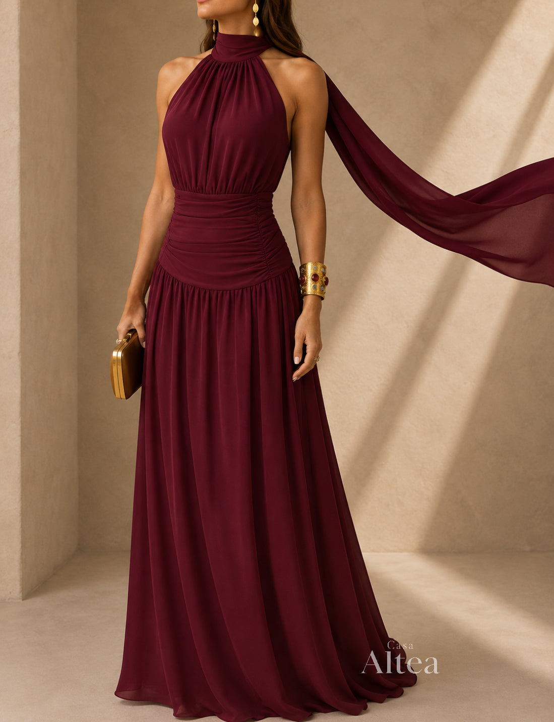 Elena Vestido Maxi Halter con Cintura Fruncida