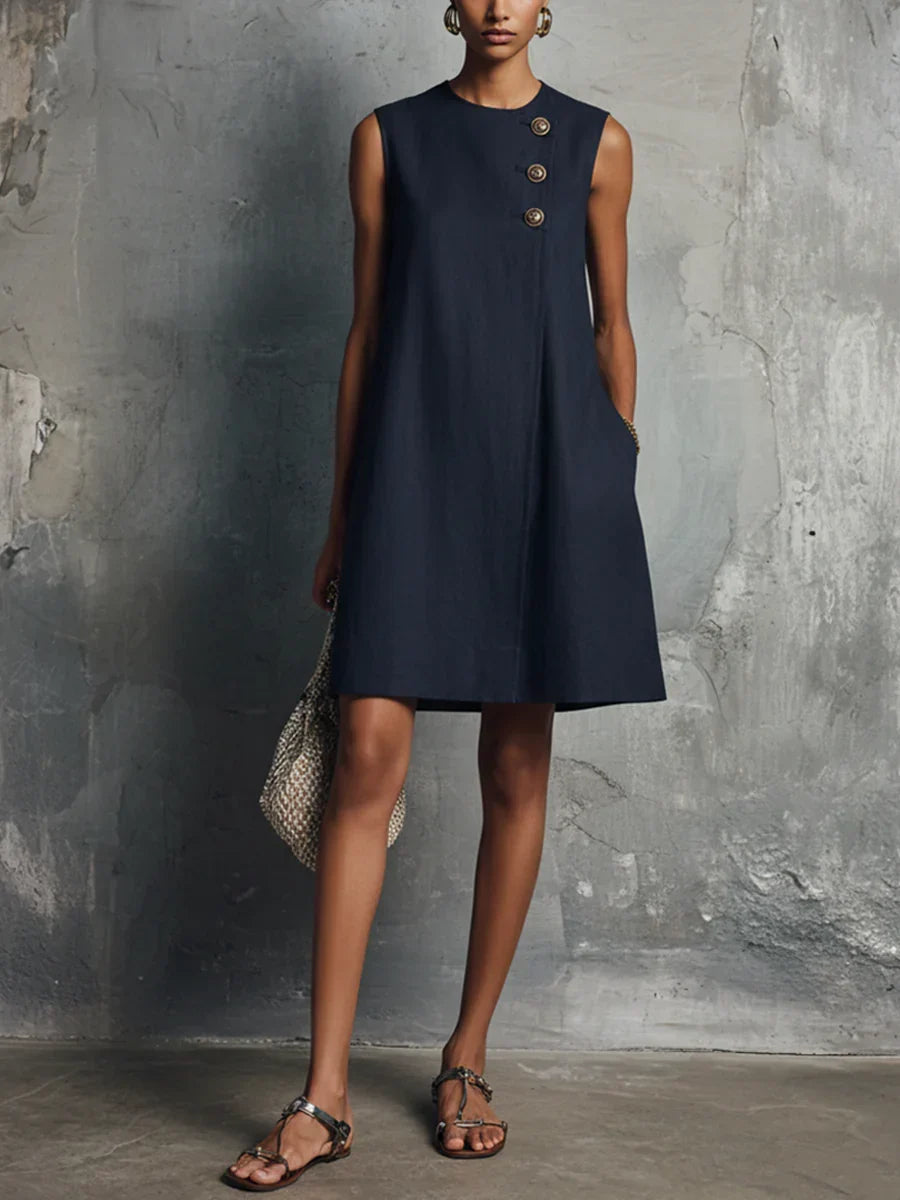 Lis Vestido de Lino Mini Azul Marino con Cuello Redondo y Botones Asimétricos