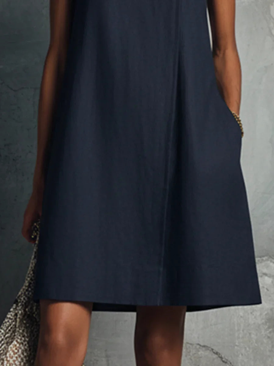 Lis Vestido de Lino Mini Azul Marino con Cuello Redondo y Botones Asimétricos