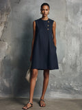 Lis Vestido de Lino Mini Azul Marino con Cuello Redondo y Botones Asimétricos
