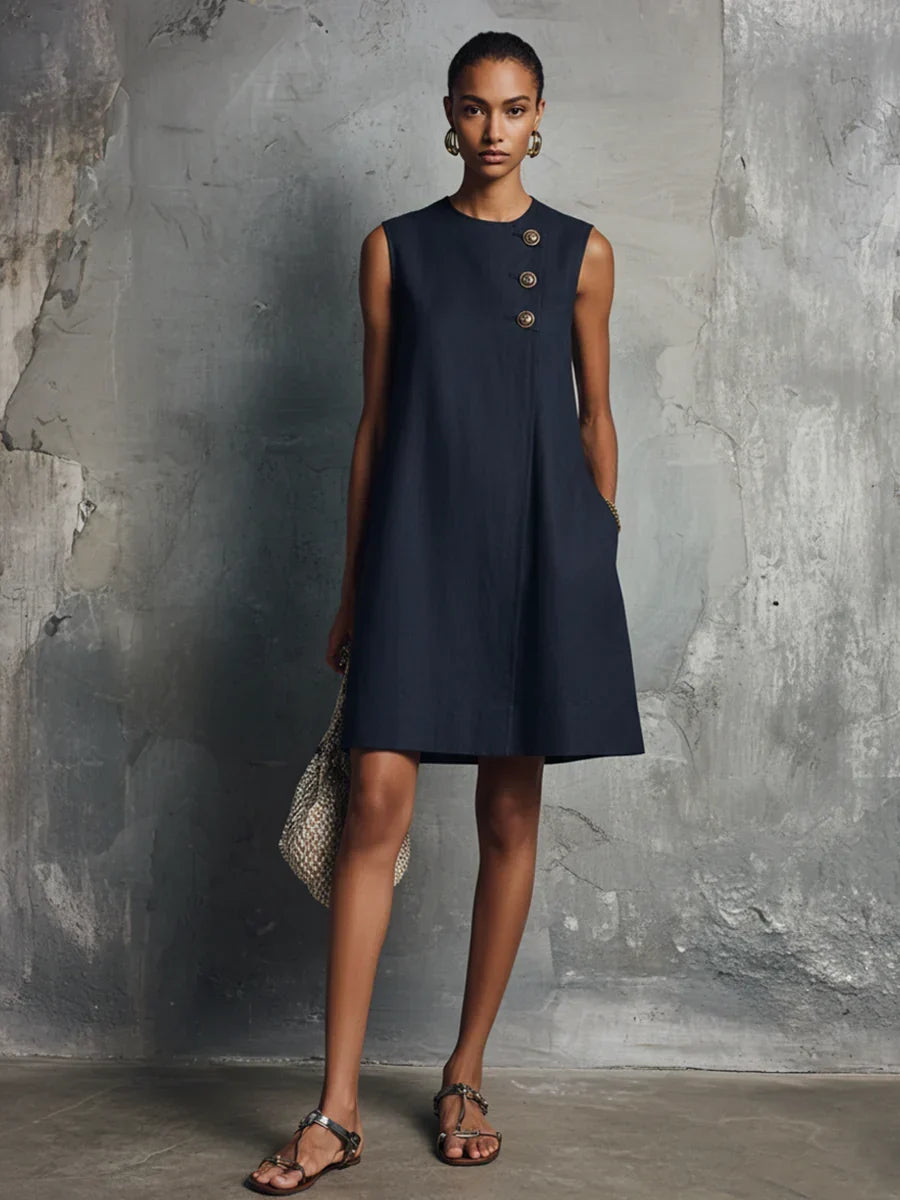 Lis Vestido de Lino Mini Azul Marino con Cuello Redondo y Botones Asimétricos