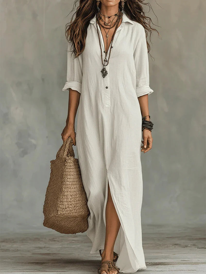 Vestido Largo Negro Holgado con Botones