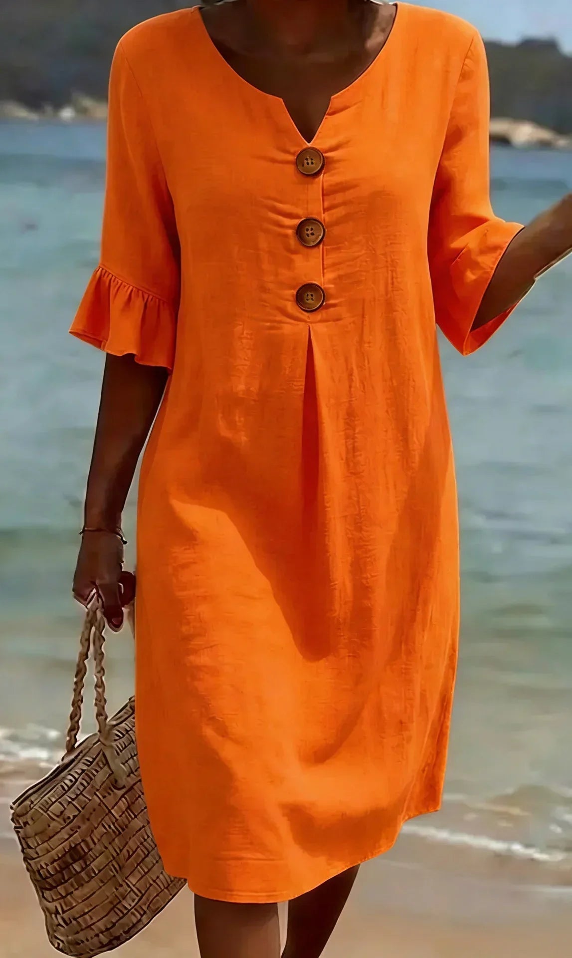 Vestido Texturizado con Mangas Abullonadas y Botones