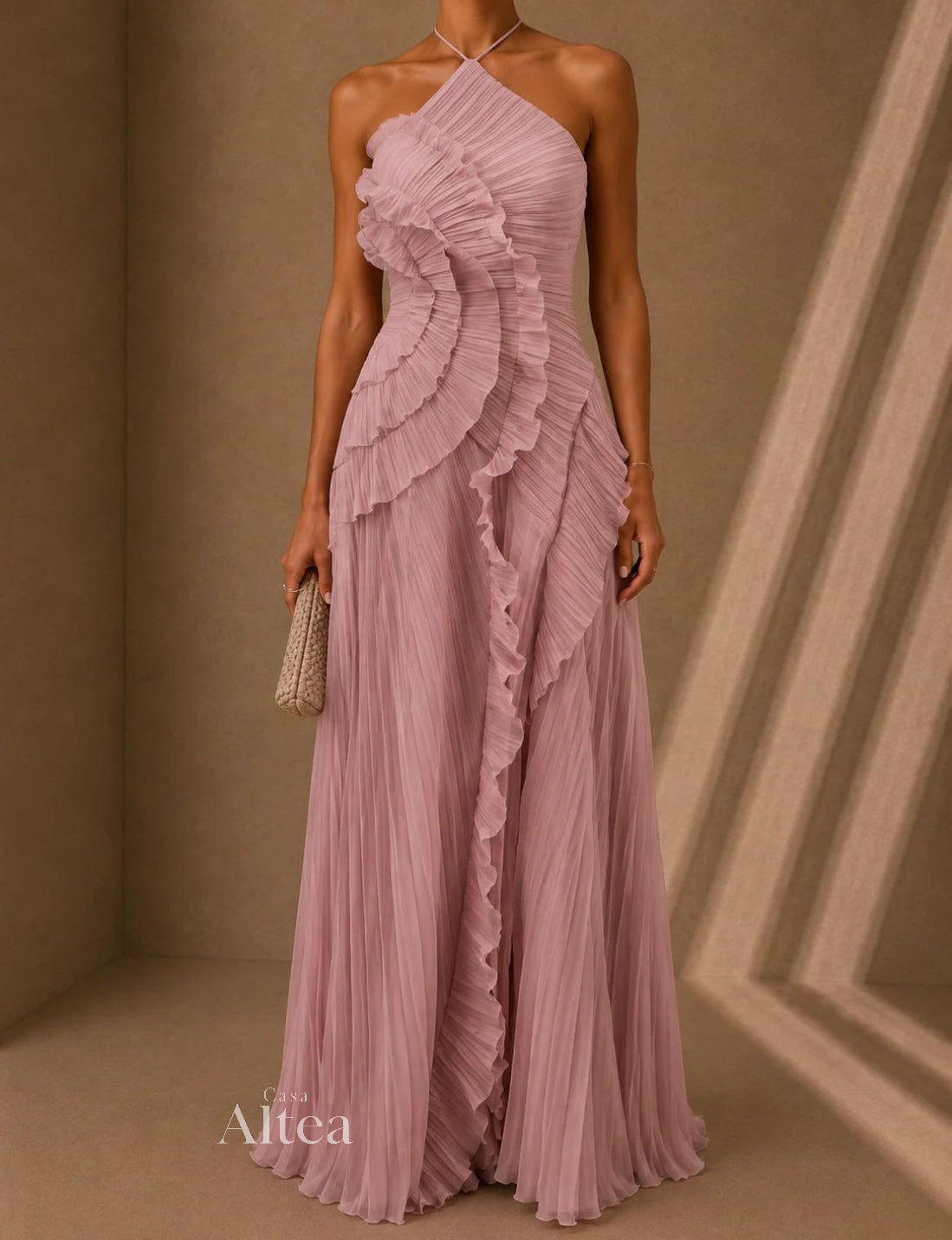 Celeste Vestido Maxi Plisado con Volantes