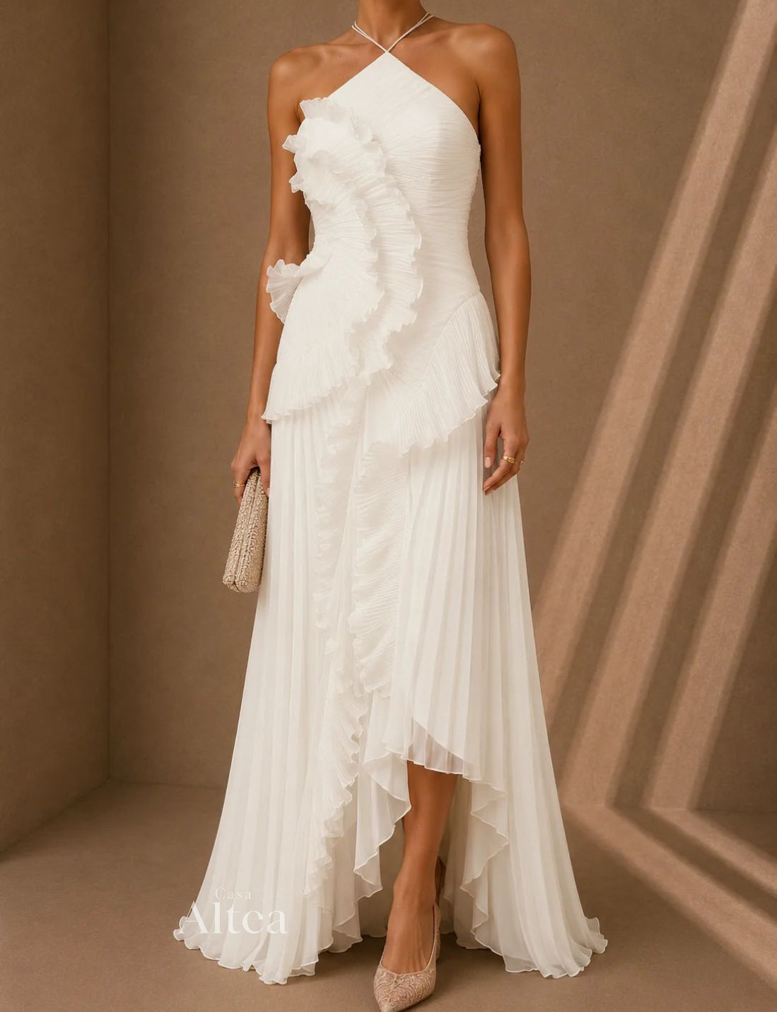 Celeste Vestido Maxi Plisado con Volantes