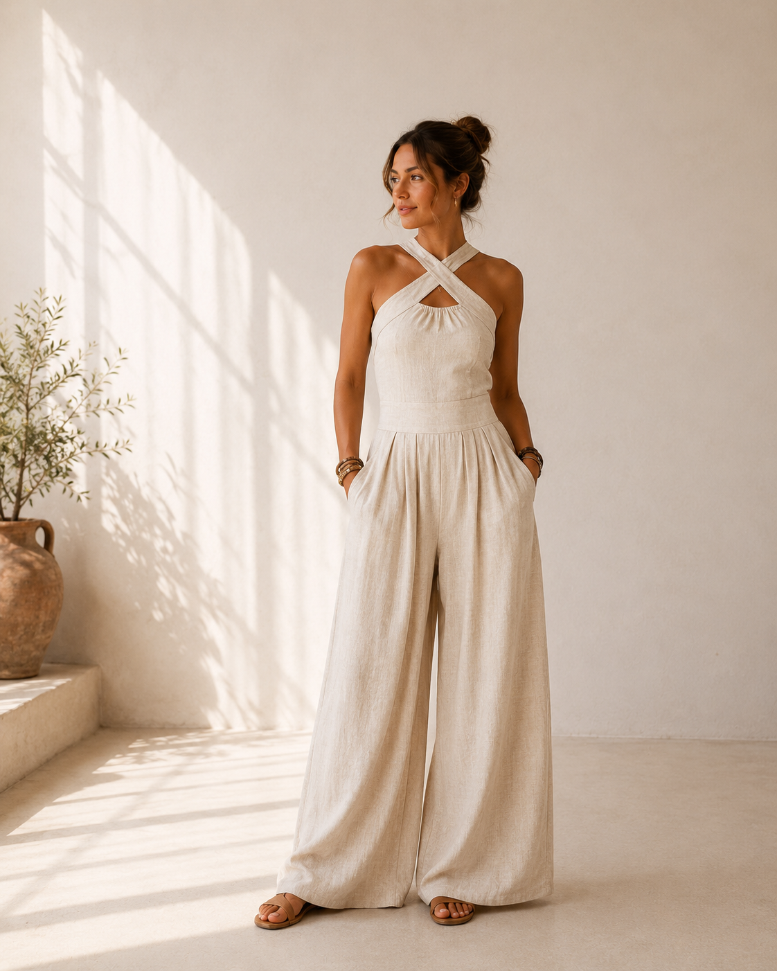 Bianca™ | Mono de Lino y Algodón con Escote Cruzado Elegante