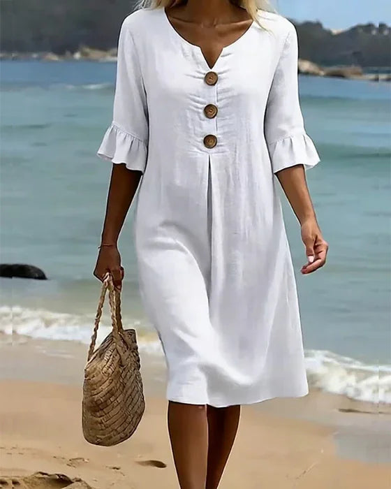 Vestido Texturizado con Mangas Abullonadas y Botones