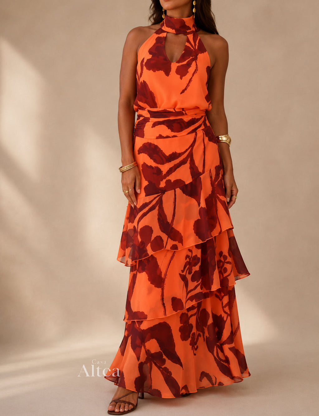 Amélie Vestido Maxi Halter Floral con Falda de Volantes