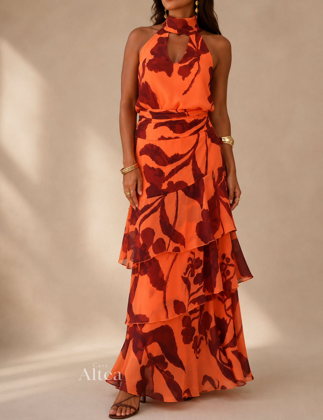 Amélie Vestido Maxi Halter Floral con Falda de Volantes
