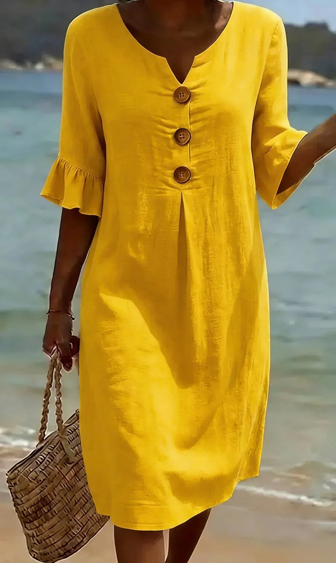 Vestido Texturizado con Mangas Abullonadas y Botones