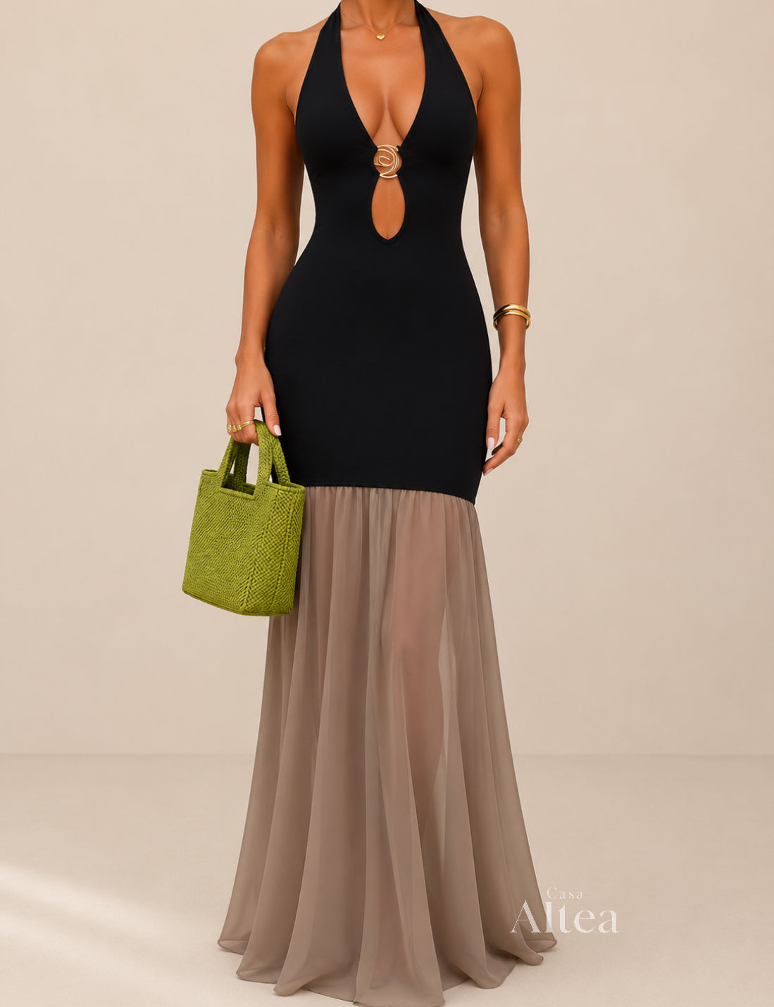 Nerea Vestido Maxi Halter con Detalles en Contraste