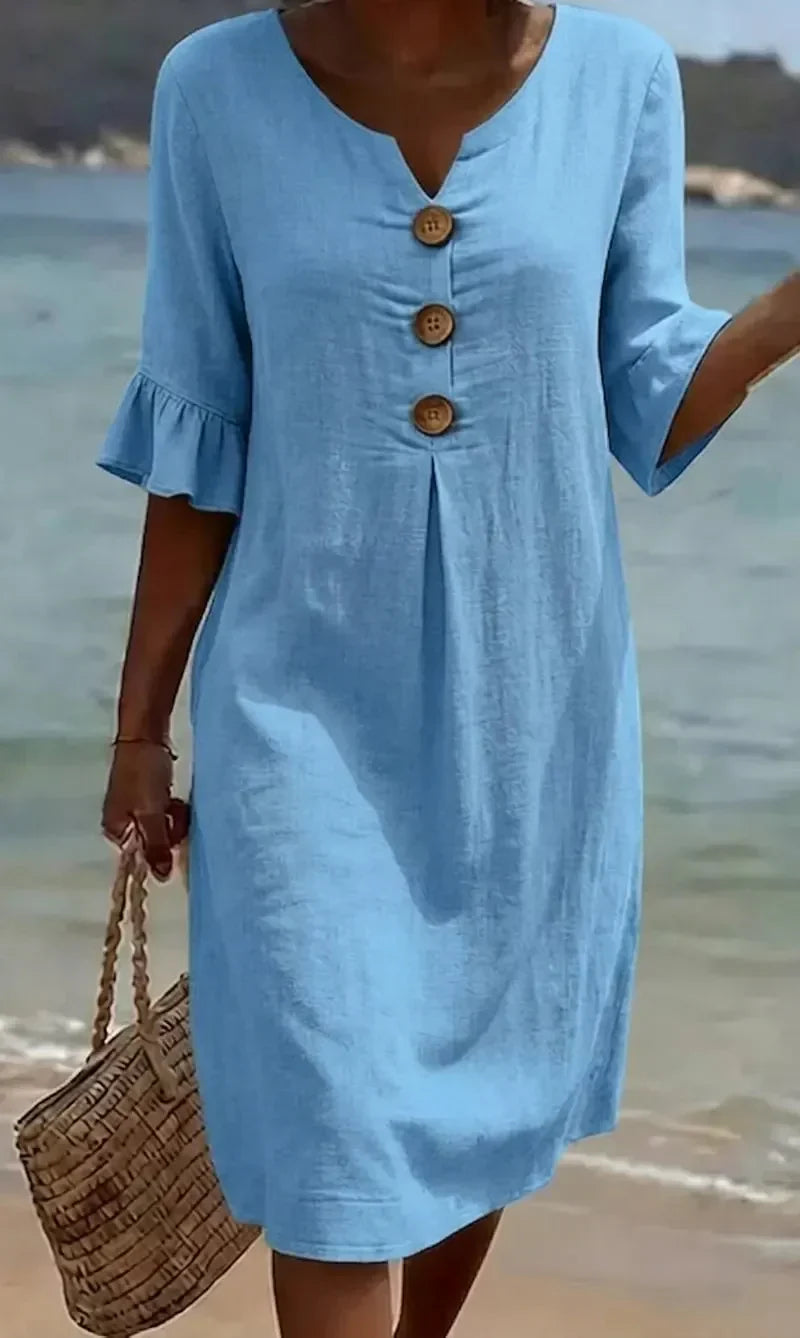 Vestido Texturizado con Mangas Abullonadas y Botones
