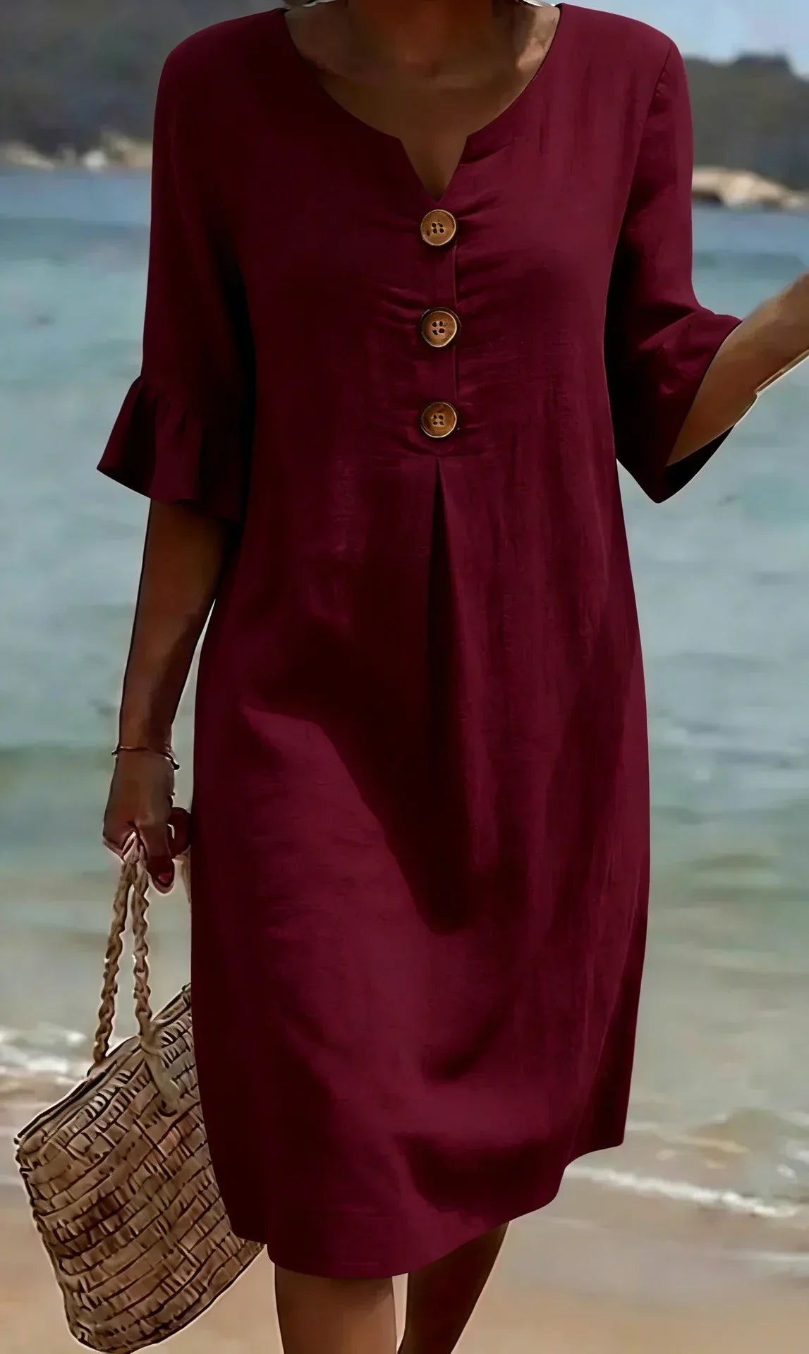 Vestido Texturizado con Mangas Abullonadas y Botones