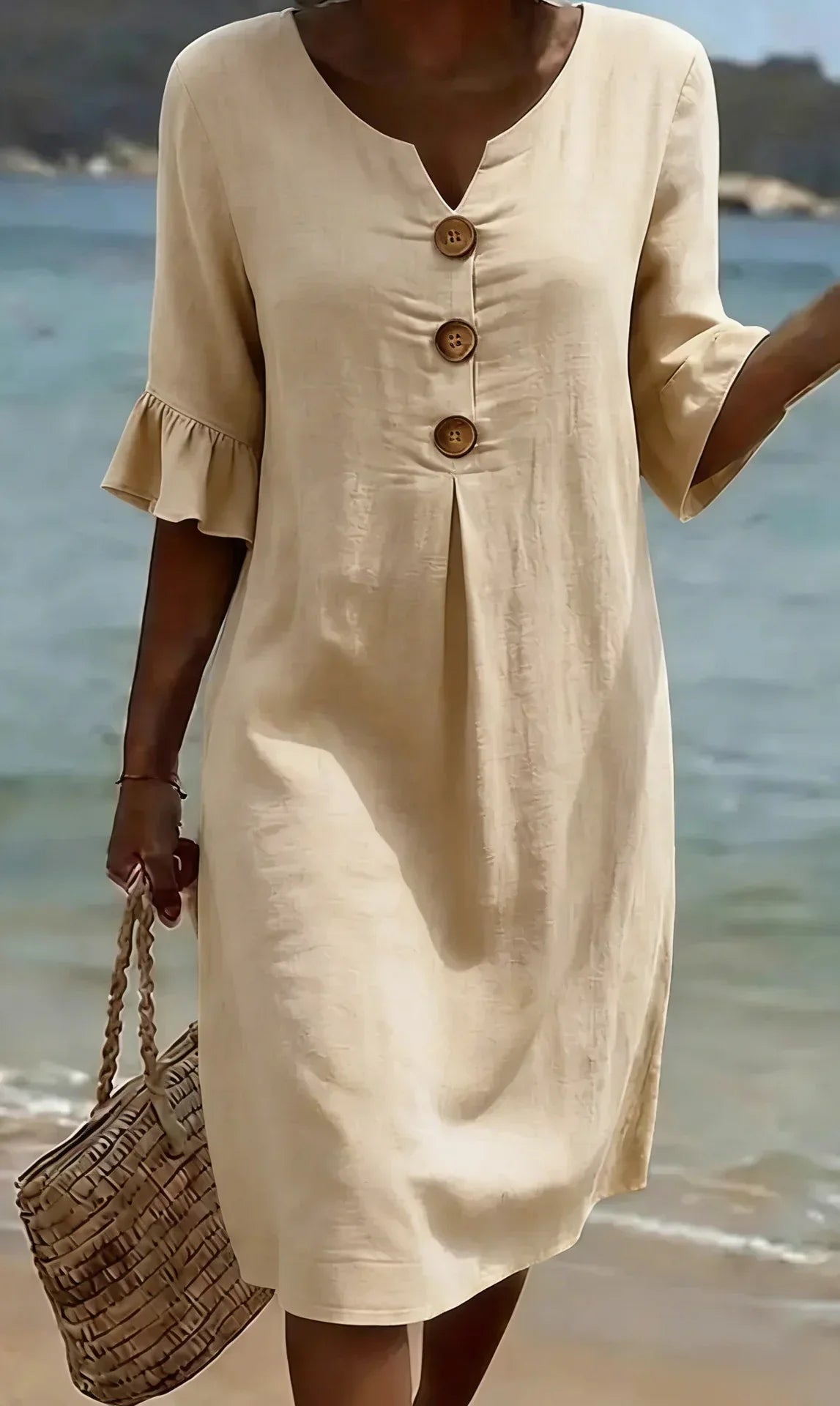 Vestido Texturizado con Mangas Abullonadas y Botones