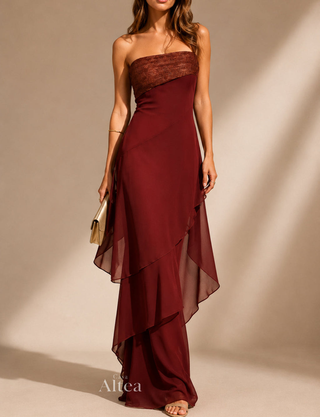 Marina Vestido Maxi Palabra de Honor con Falda de Volantes