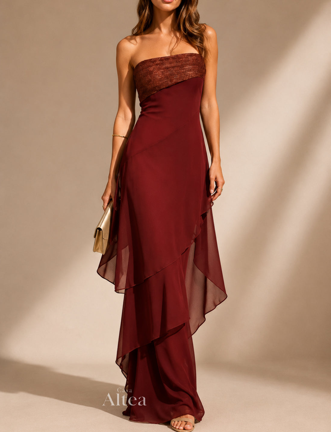 Marina Vestido Maxi Palabra de Honor con Falda de Volantes