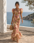 Vestido Maxi con Estampado Floral Vintage Rosa y Mangas Abullonadas
