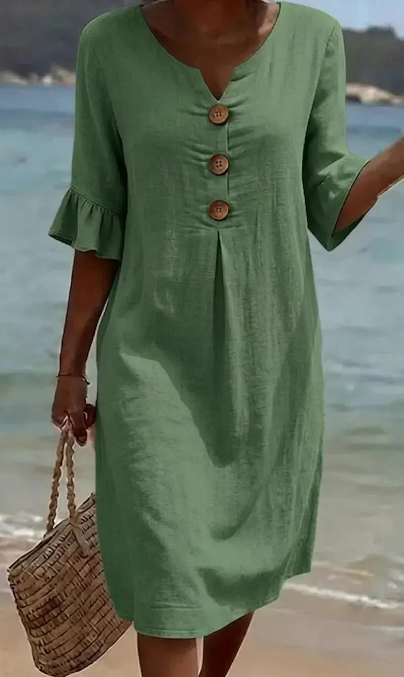 Vestido Texturizado con Mangas Abullonadas y Botones