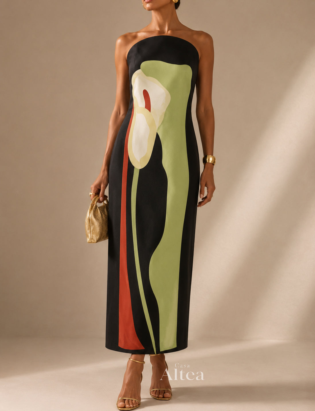 Aurelia Vestido Maxi Palabra de Honor con Estampado Artístico