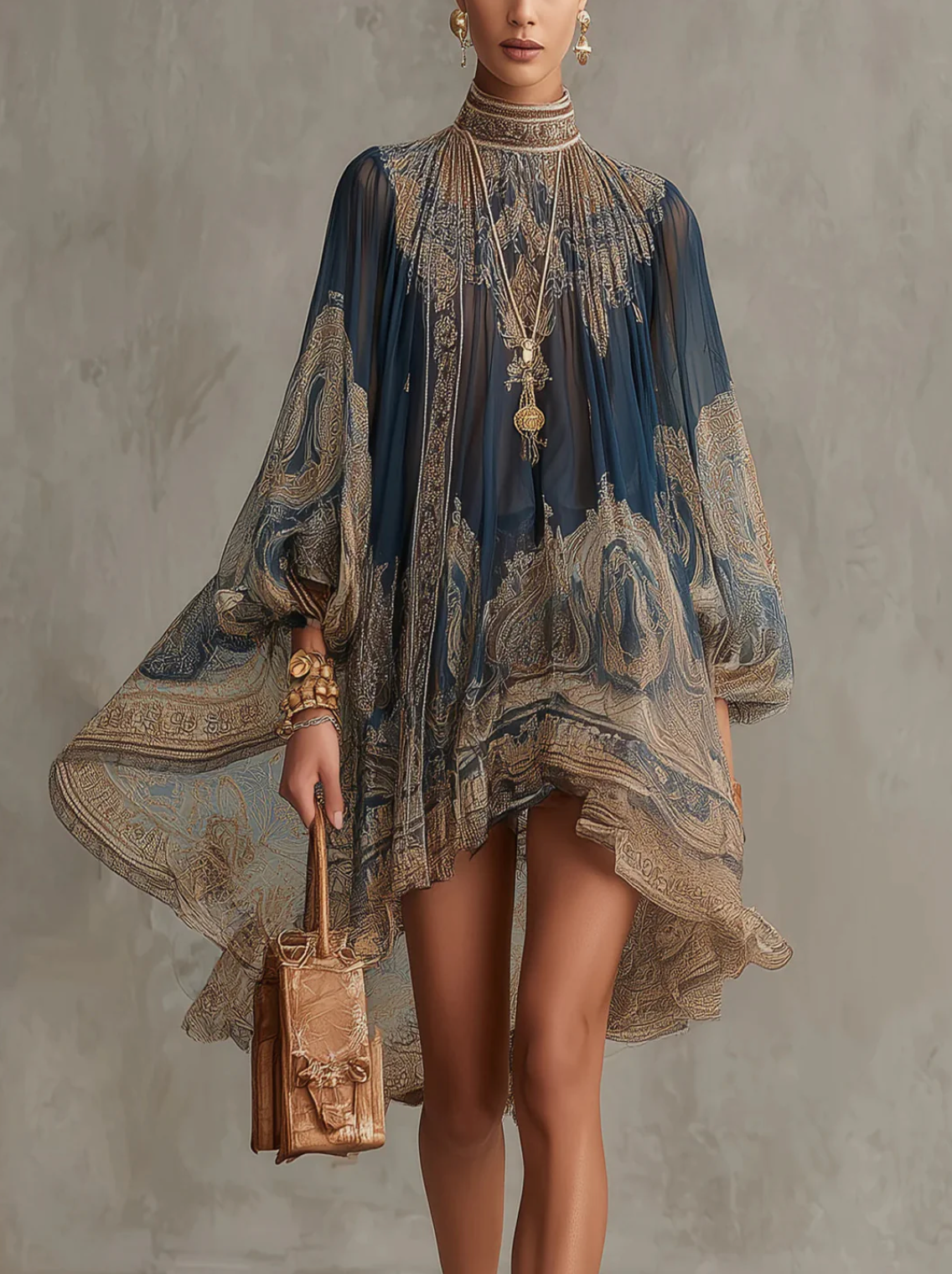 Mariana | Mini Vestido de Chifón Azul Marino con Estampado Barroco Dorado