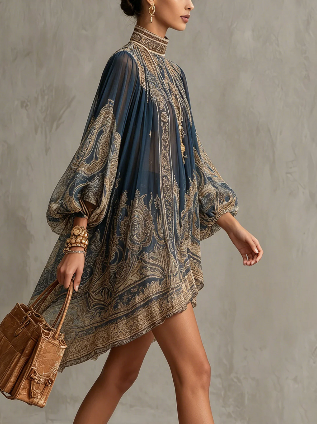 Mariana | Mini Vestido de Chifón Azul Marino con Estampado Barroco Dorado