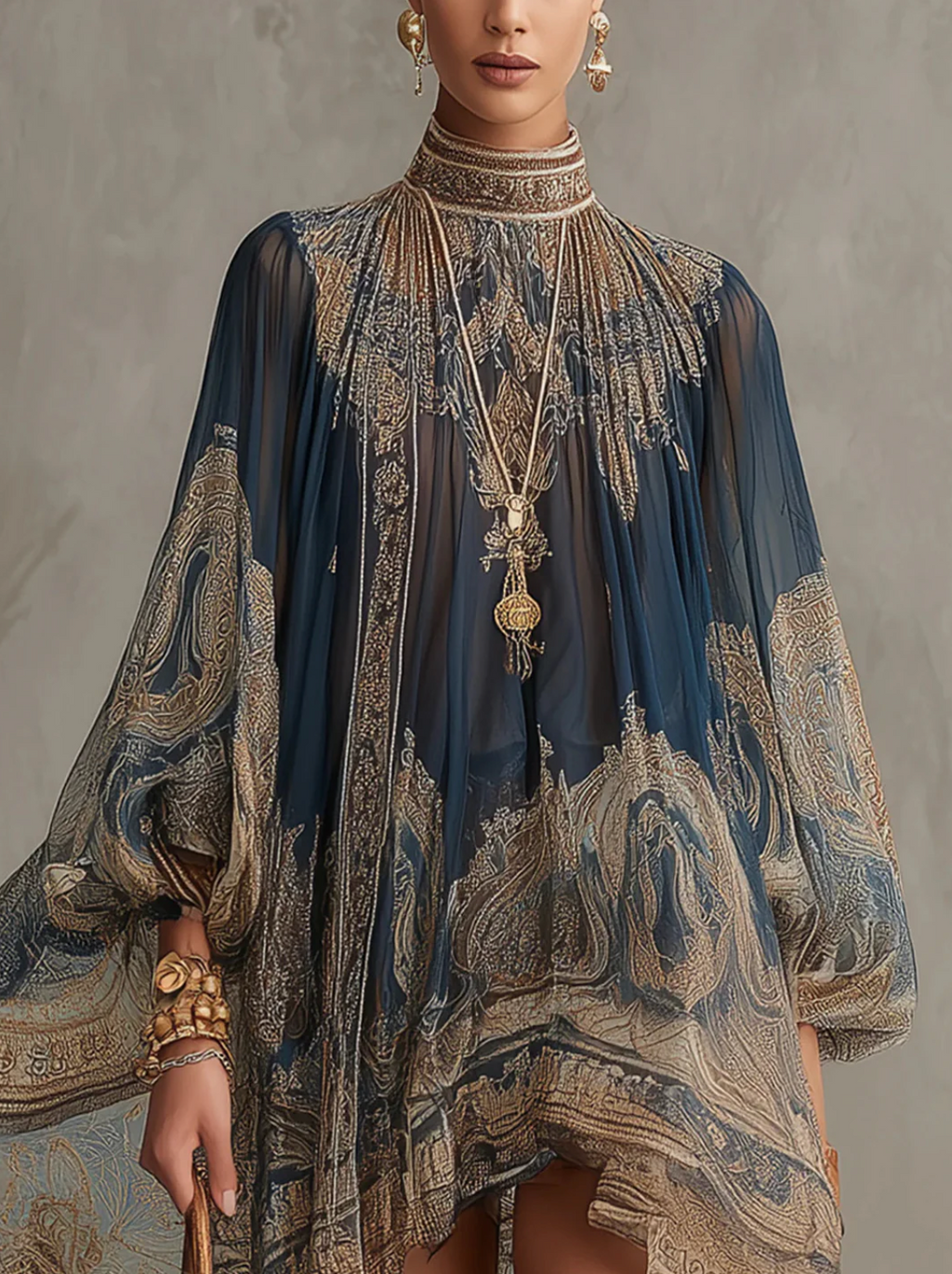 Mariana | Mini Vestido de Chifón Azul Marino con Estampado Barroco Dorado