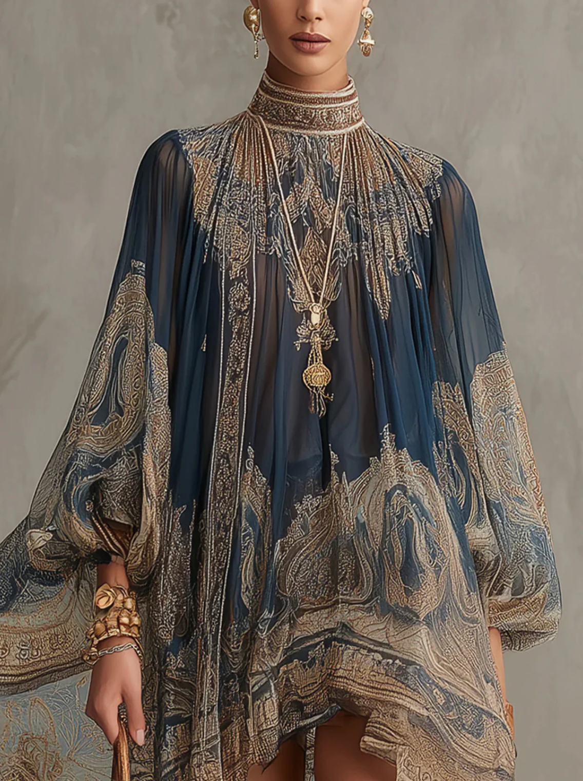Mariana | Mini Vestido de Chifón Azul Marino con Estampado Barroco Dorado