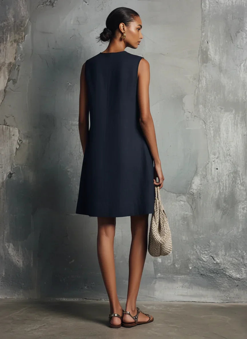 Lis Vestido de Lino Mini Azul Marino con Cuello Redondo y Botones Asimétricos