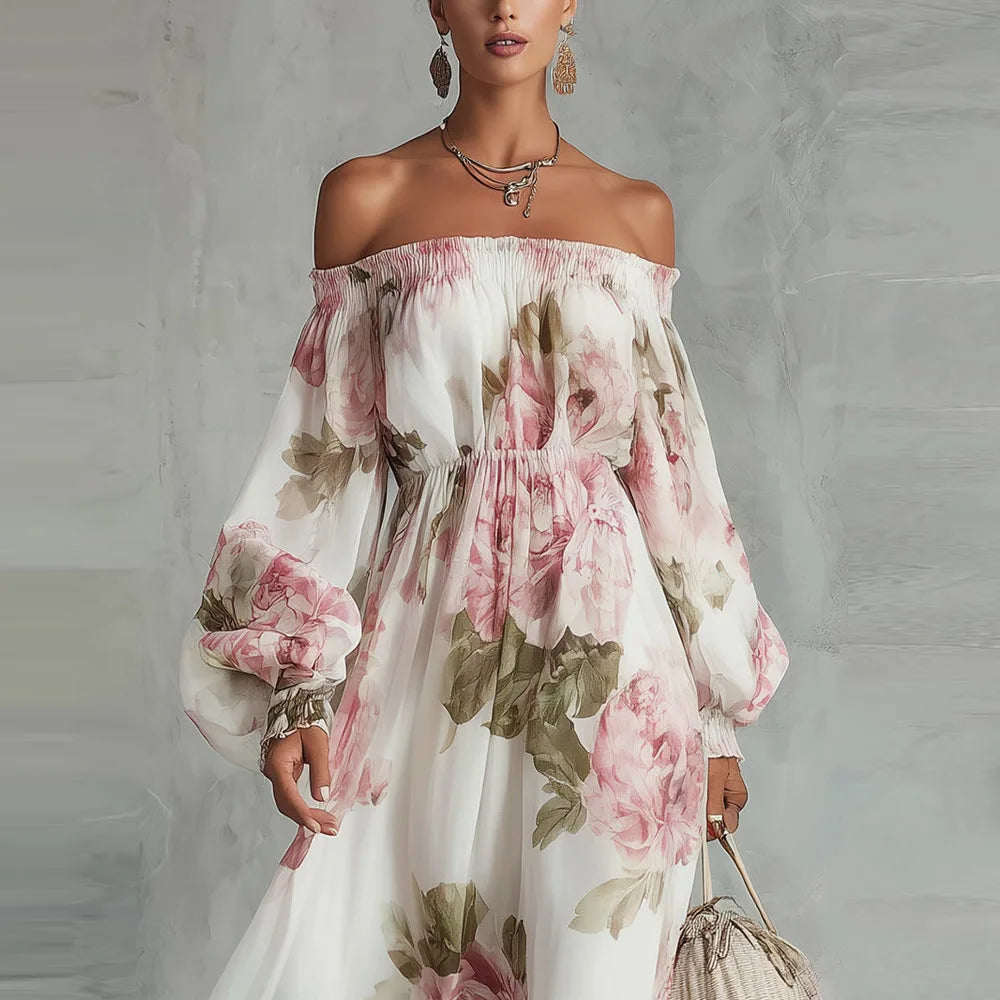 Pivoine Vestido Maxi Floral con Hombros Descubiertos y Mangas Largas