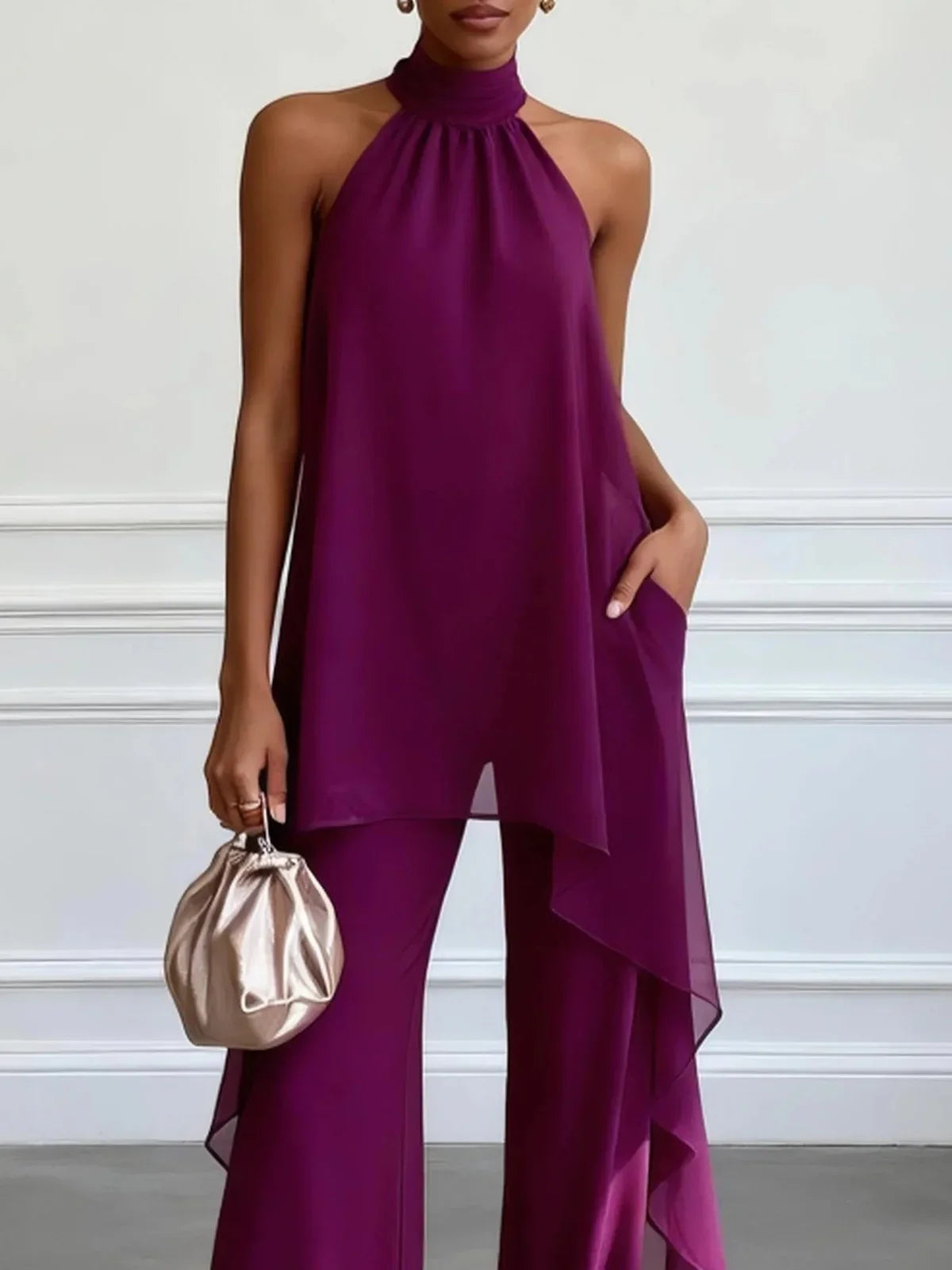 Rebeca Conjunto de Dos Piezas con Top Elegante sin Mangas Morado y Pantalón