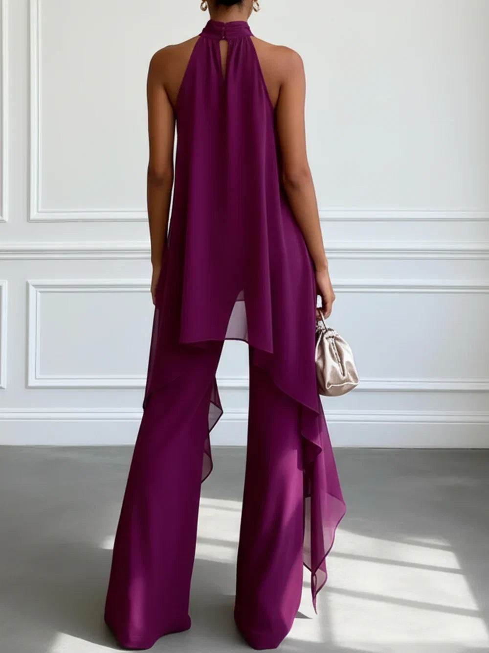 Rebeca Conjunto de Dos Piezas con Top Elegante sin Mangas Morado y Pantalón