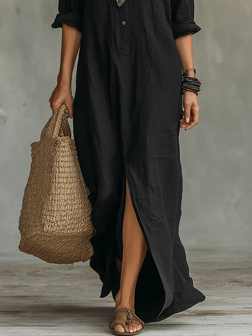 Vestido Largo Negro Holgado con Botones