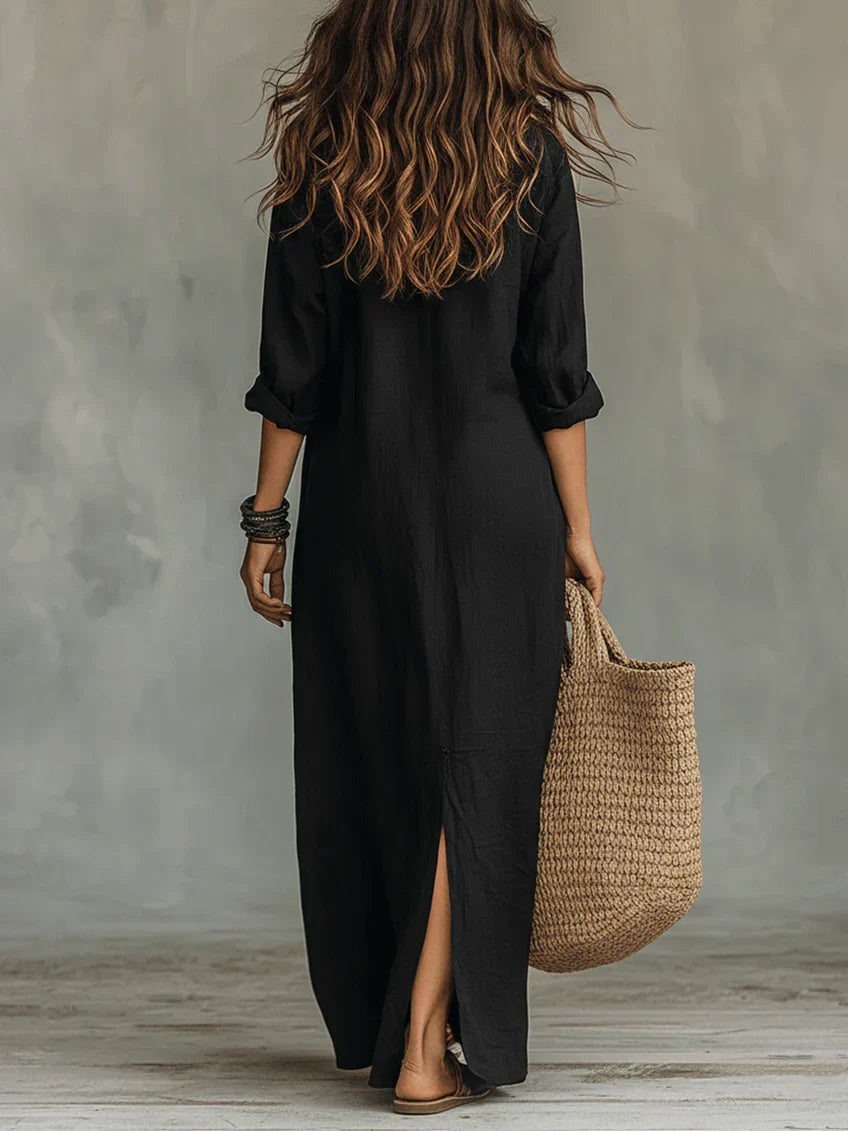 Vestido Largo Negro Holgado con Botones