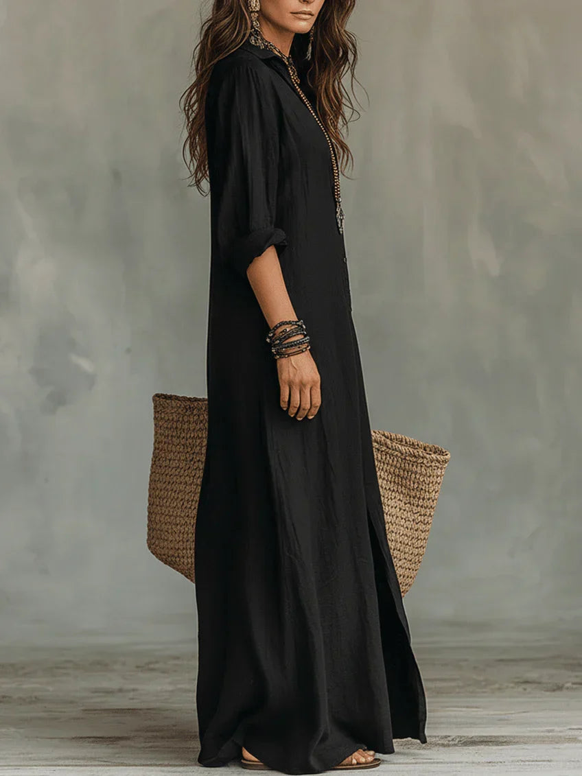 Vestido Largo Negro Holgado con Botones