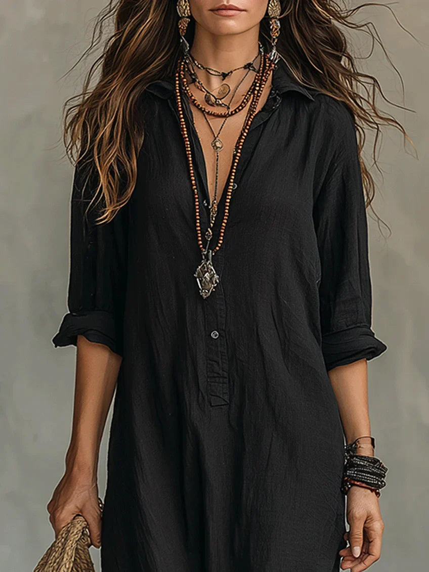 Vestido Largo Negro Holgado con Botones