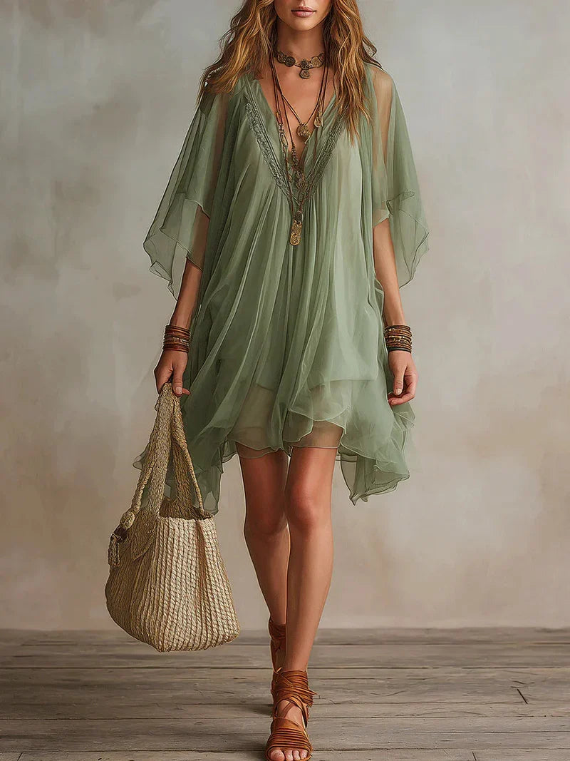 Aria Vestido Mini Fluido de Chiffon Verde con Escote en V