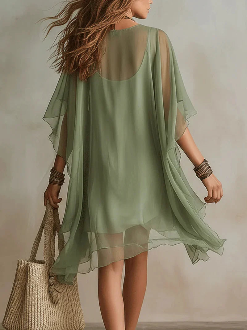Aria Vestido Mini Fluido de Chiffon Verde con Escote en V