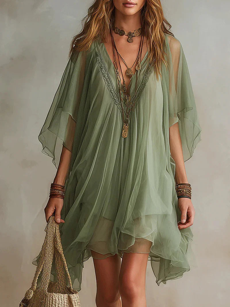 Aria Vestido Mini Fluido de Chiffon Verde con Escote en V