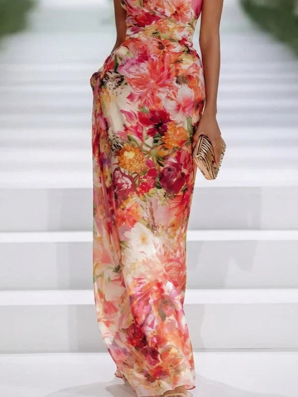 Patricia Vestido Maxi Rojo de Chiffon sin Mangas con Escote Halter