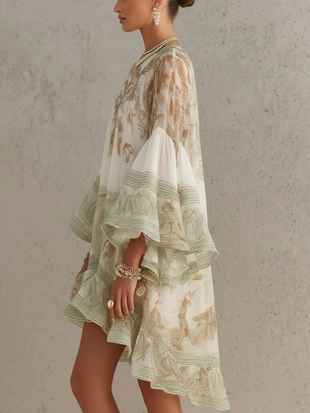Cristina Vestido Mini de Chiffon con Rayas y Mangas con Volantes Verde