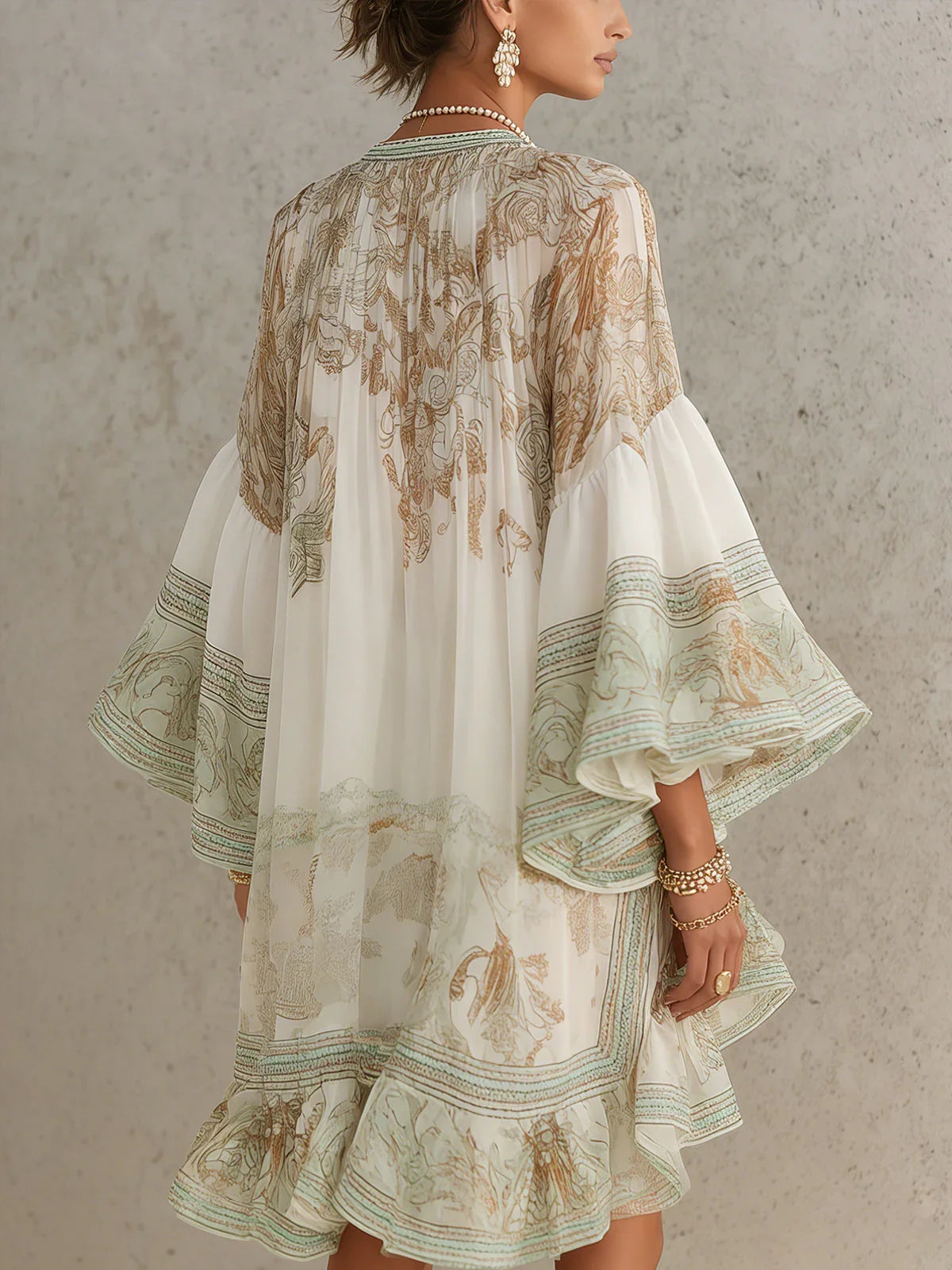 Cristina Vestido Mini de Chiffon con Rayas y Mangas con Volantes Verde