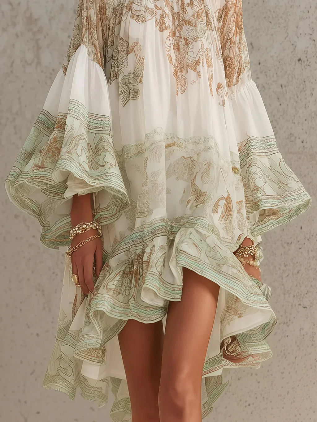 Cristina Vestido Mini de Chiffon con Rayas y Mangas con Volantes Verde