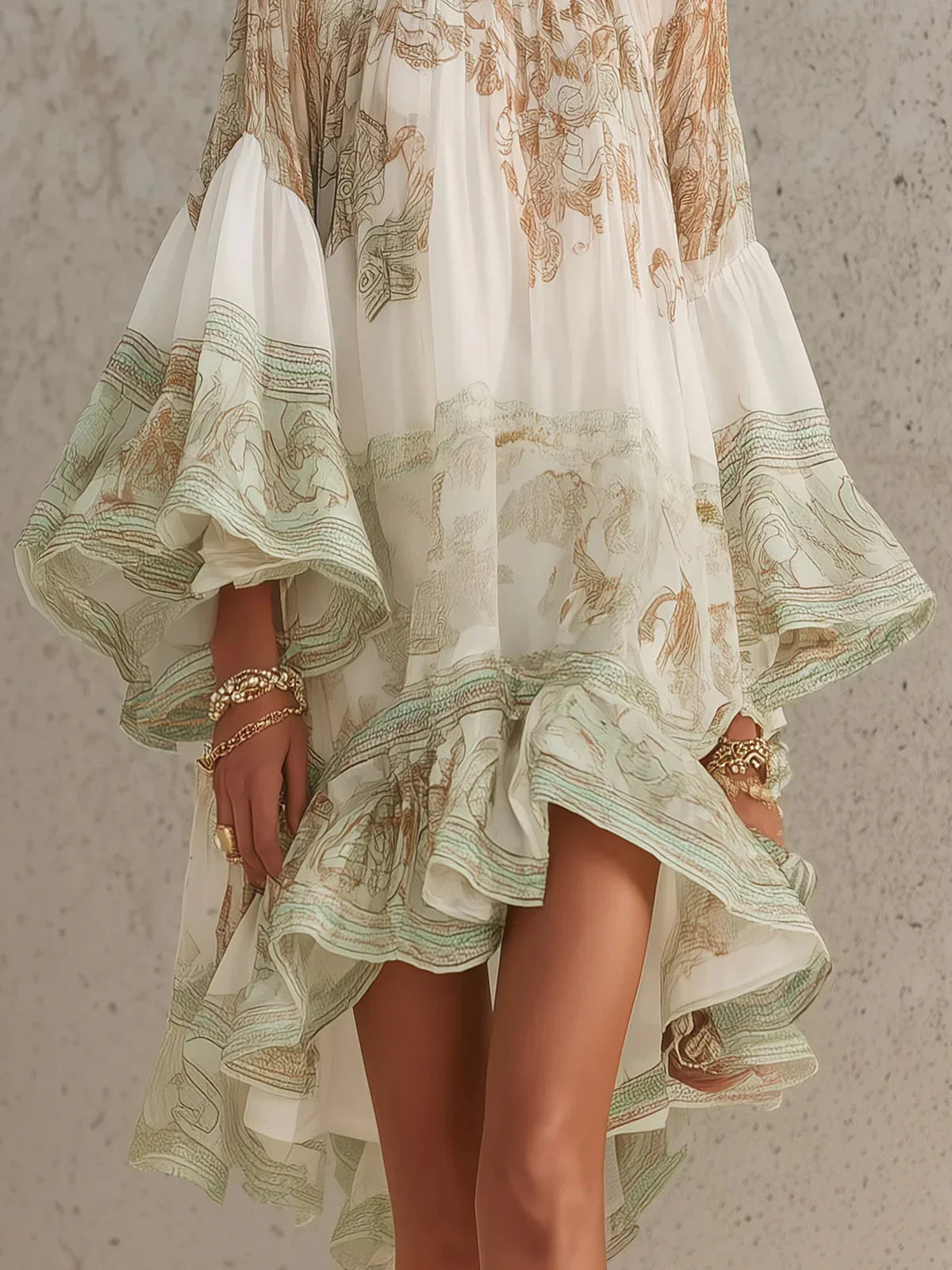 Cristina Vestido Mini de Chiffon con Rayas y Mangas con Volantes Verde