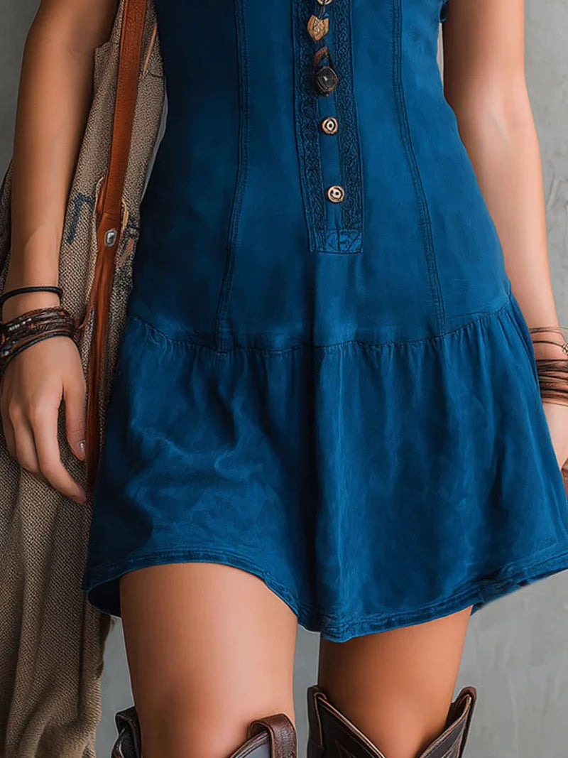 Susana Vestido Mini Bohemio Índigo sin Mangas con Escote en V y Botones
