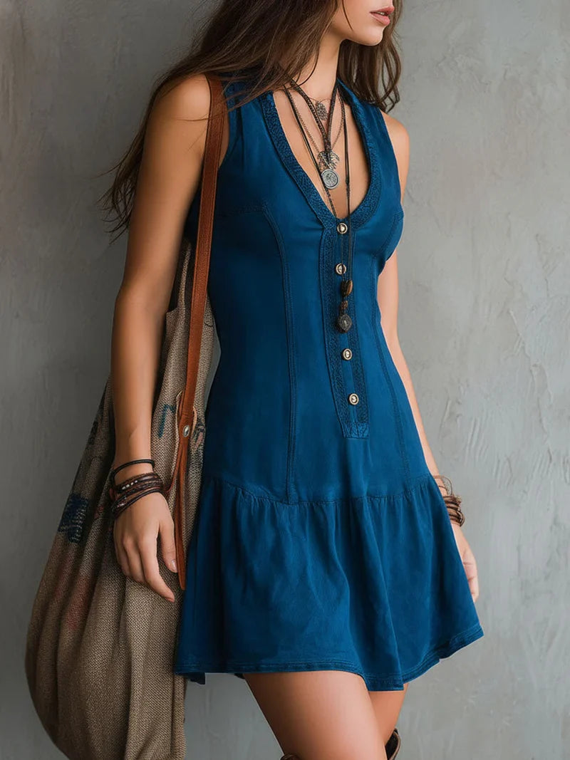 Susana Vestido Mini Bohemio Índigo sin Mangas con Escote en V y Botones